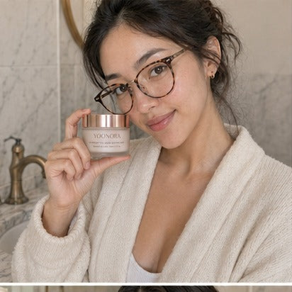 Creator with glasses holding YOONORA Overnight Glow Mask